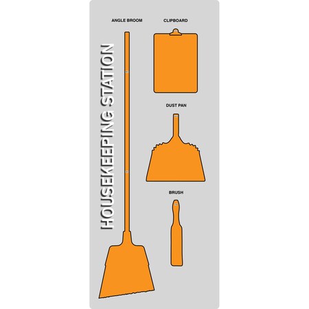 5S Supplies 5S Housekeeping Shadow Board Broom Station Version 13 - Gray Board / Orange Shadows  With Broom HSB-V13-GRAY/ORANGE-KIT